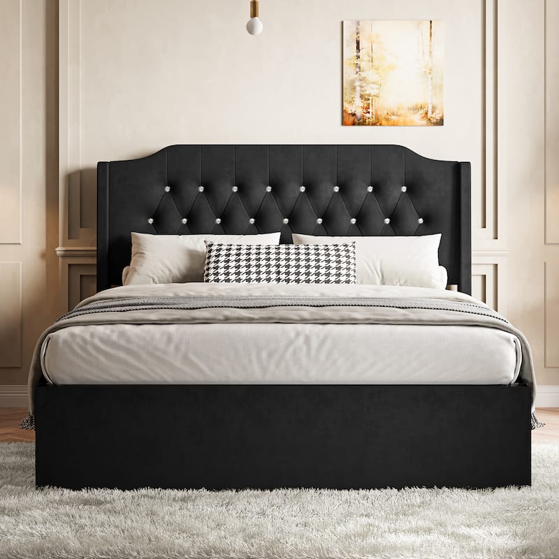 Queen Bed Frame with Tufted Upholstered Wingback Headboard, Under-Bed Storage, No Box Spring Needed