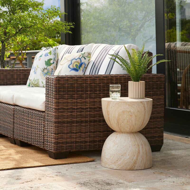 Glitzhome 17.75"H MGO Hourglass-Style Faux Travertine Garden Stool or Planter Stand or Accent Table