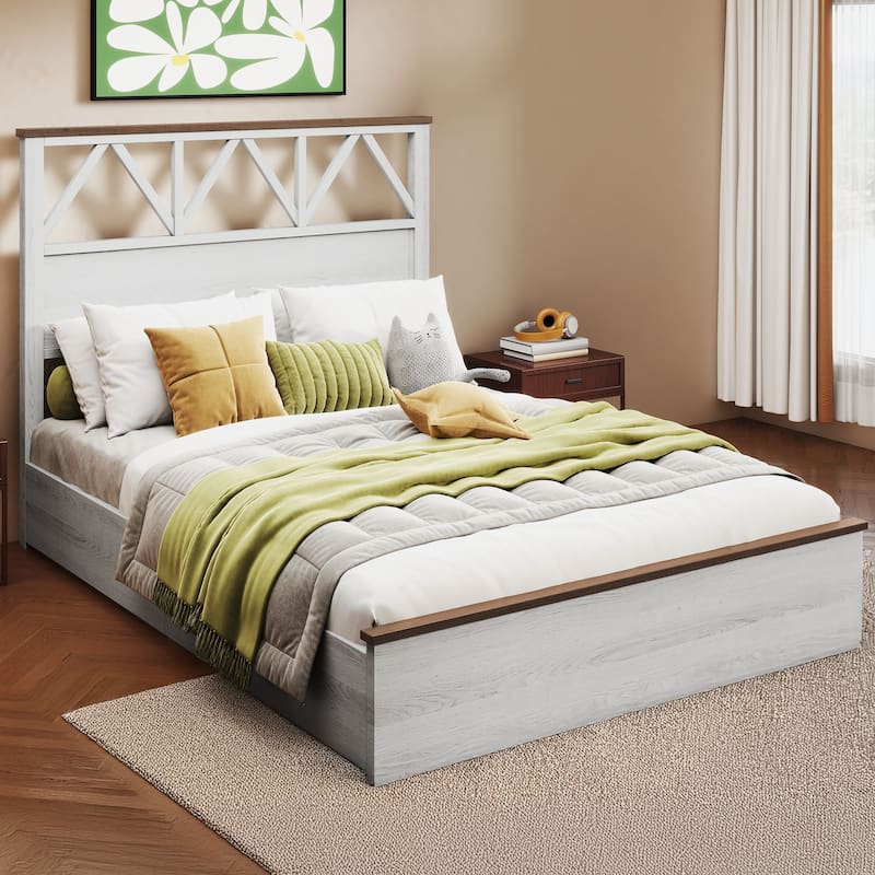 Farmhouse Bed with Headboard Platform, Ideal for Bedroom/Apartment - White - Full