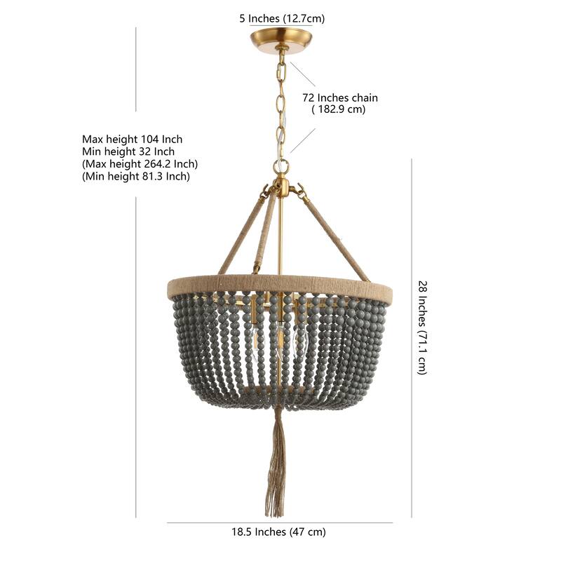SAFAVIEH Lighting Adra Boho Adjustable 3-light LED Grey Beaded Chandelier Pendant - Brass Gold/Dark Grey - 19"W x 19"D x 104"H