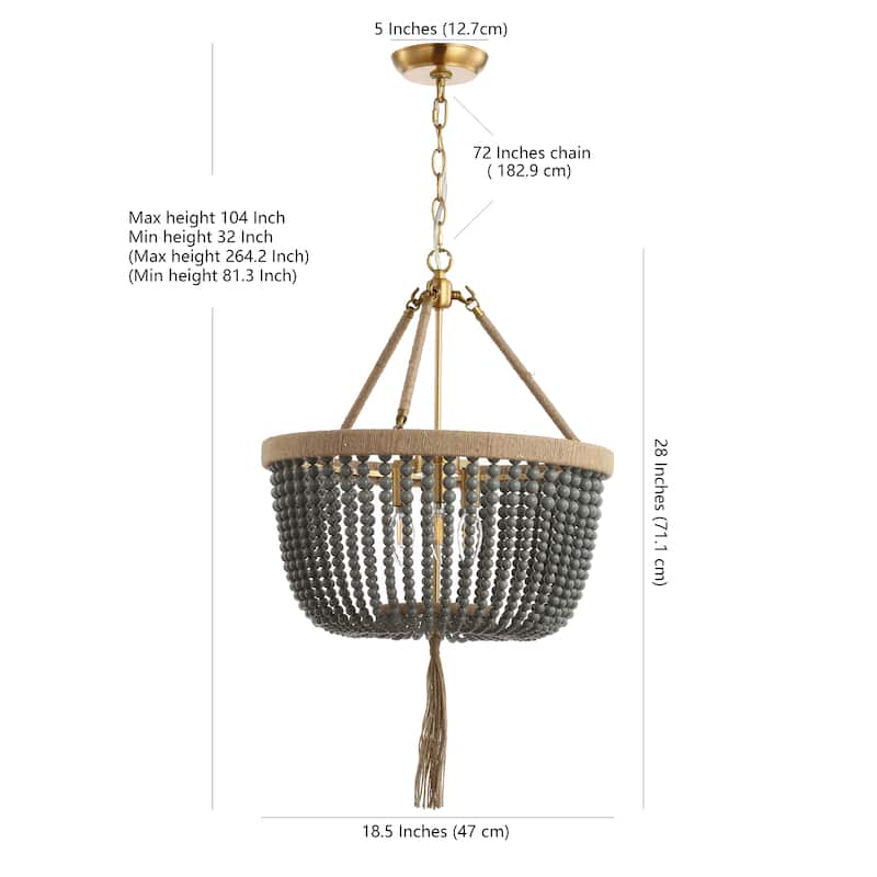 SAFAVIEH Lighting Lindhilde Boho Adjustable 3-Light Led Grey Beaded Chandelier Pendant - 18.5"x18.5"x32-104"