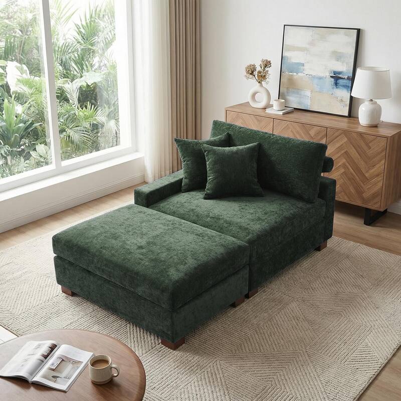 Modern Chenille Chaise Lounge Set with Ottoman