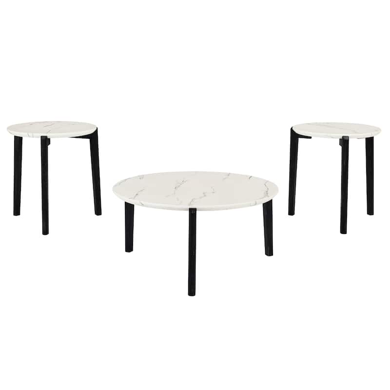Living Room Coffee Table,36 Inch Round Small Coffee Table,Imitation Marble Tabletop With Rubber Wood Legs,Wooden Coffee Table