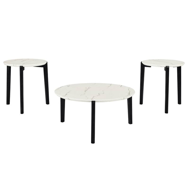 Modern 24-Inch Round Coffee Table - Stylish Imitation Marble Top with Solid Rubber Wood Legs-Perfect Small Wooden Coffee Table
