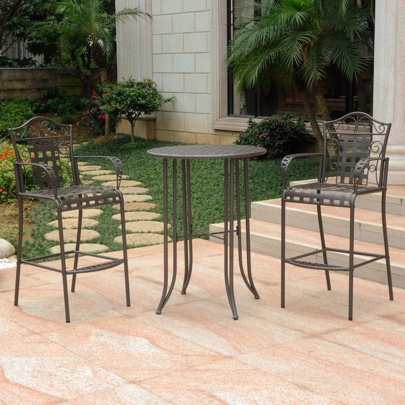 Mandalay 3-Piece Outdoor Iron Bar Bistro Set (Set of 3) - Rustic Brown