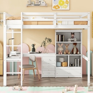 Multifunctional Design Loft Bed with Desk, Storage shelves and Drawers, Built-in Ladder, Full Size, White