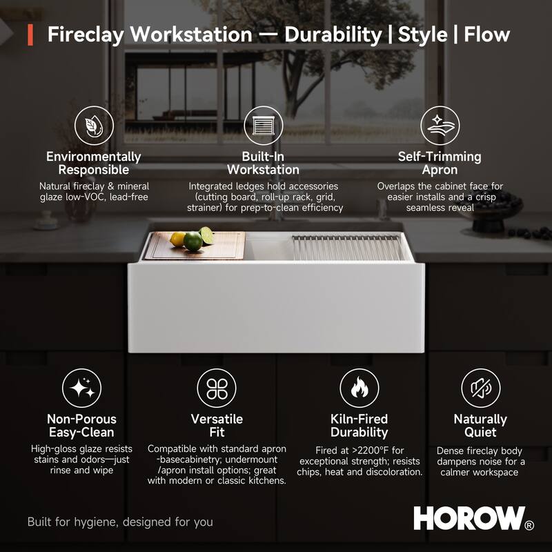 HOROW 33 in. Farmhouse Single Bowl White Ceramic Kitchen Sink with Front Apron, Workstation, Bottom Grid and Strainer