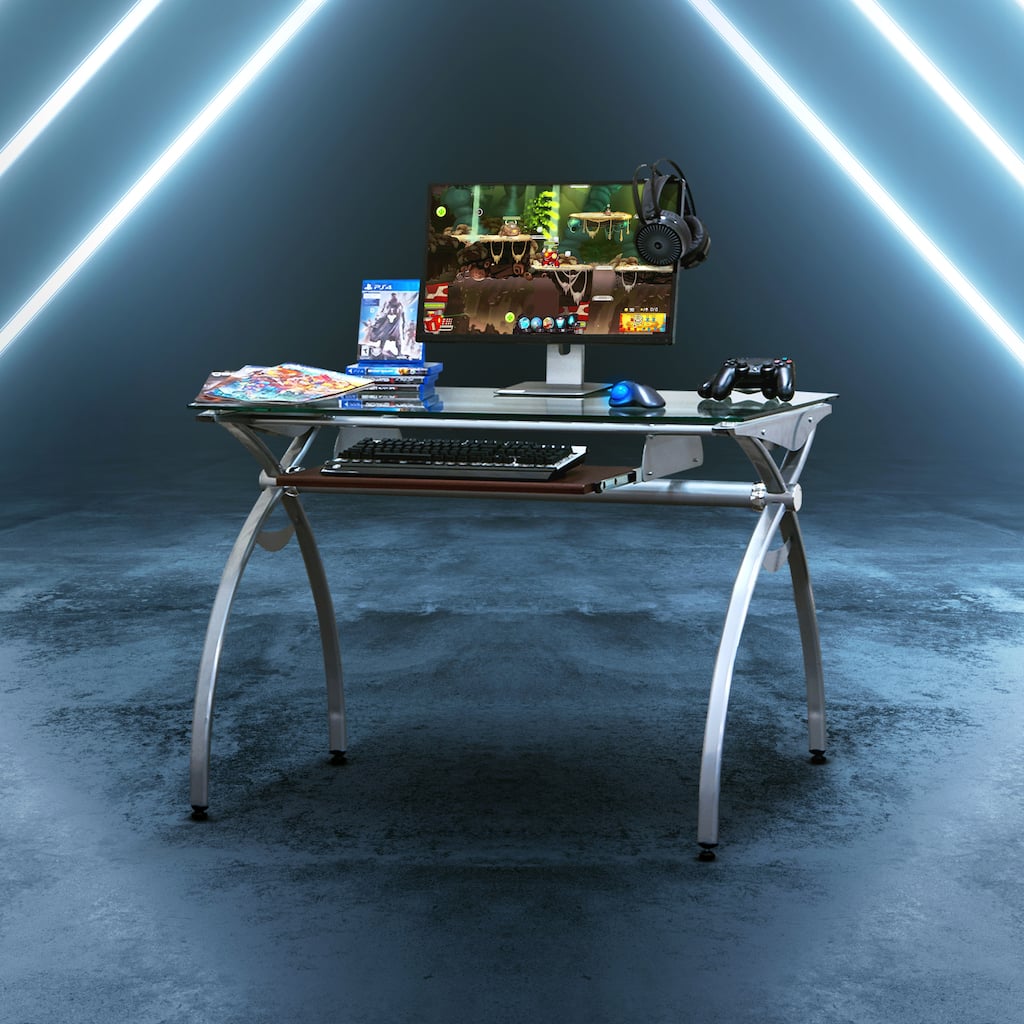 Contempo Clear Glass Top Gaming Computer Desk with Pull Out Keyboard Tray and PVC Laminate Veneer Panel in Mahogany Finish