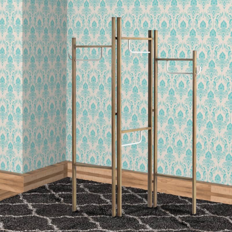 Modern Style 3 Panel Metal Screen with Hooks and Rod Hangings, Brown