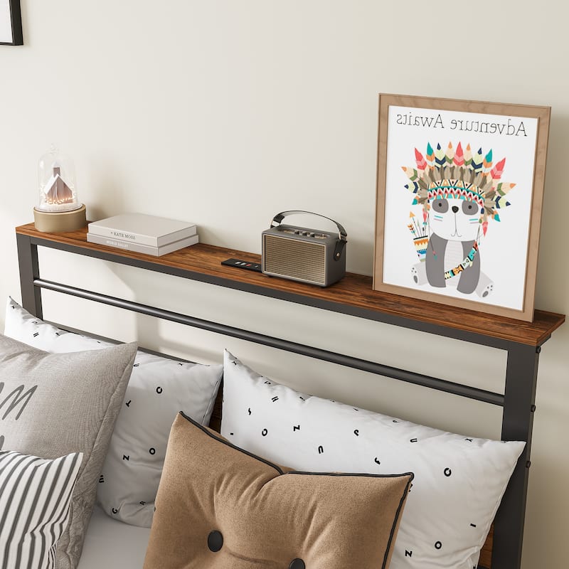Bed Frame with Storage Shelves and Charging Station