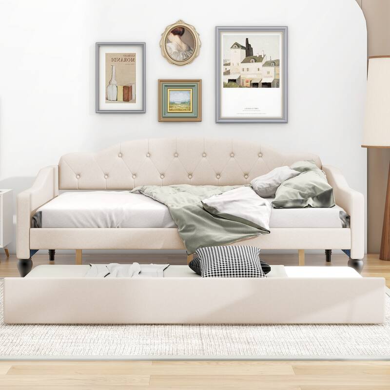 Full Minimalist Style Daybed Wood Structure Bedframe with Trundle, Curve Design Soft Backrest Wood Slat Support, Beige+Trundle - Beige+Trundle - Full