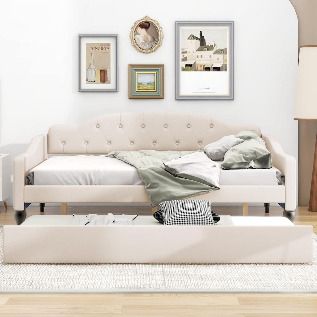 Full Minimalist Style Daybed Wood Structure Bedframe with Trundle, Curve Design Soft Backrest Wood Slat Support, Beige+Trundle