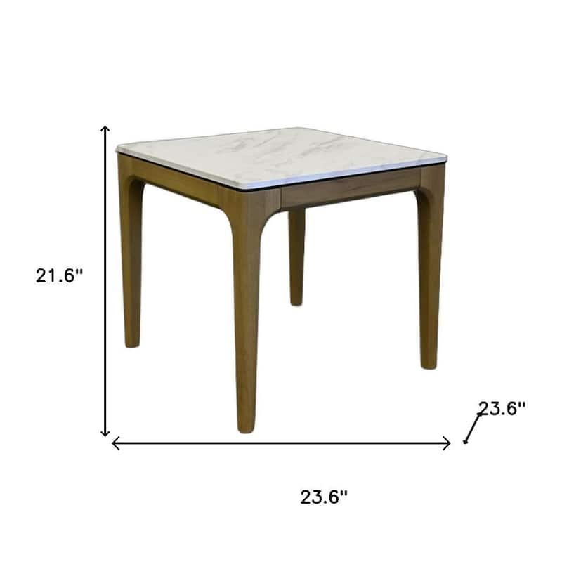 HomeRoots 22" White and Natural Faux Marble and Wood Square End Table - 23.60 in. x 21.60 in. x 23.60 in.