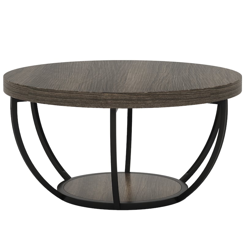 Round Coffee Table, 31.7" Wooden 2-Tier Circle Coffee Table with Storage Shelves, Accent Cocktail Table Center Table