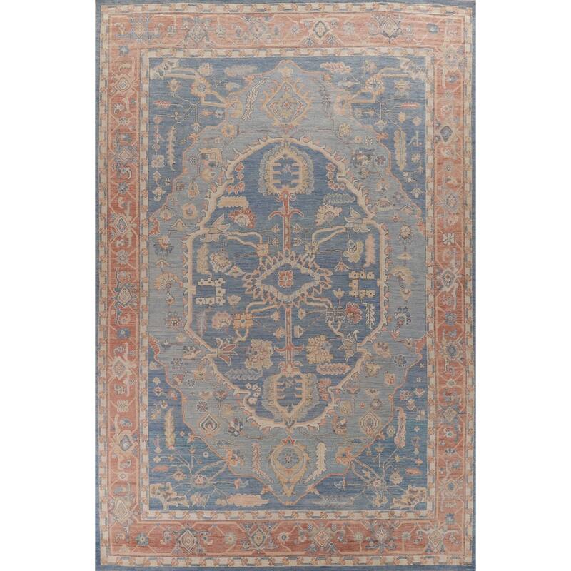 Hand Knotted Oriental 100% Wool Carpet Transitional Medallion Navy Blue & Blues Oushak Area Rug - 14' 6'' X 10' 0''