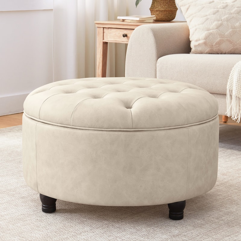 Tufted Round Storage Ottoman, Faux Leather - Beige