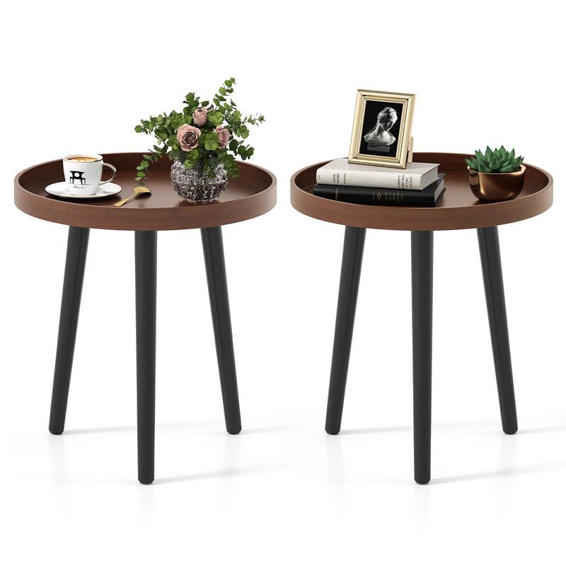 Set of 1/2 Round End Table Modern Side Tables with Wooden Tray - 2 pcs
