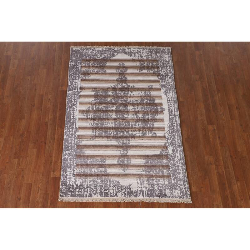 Striped Modern Abstract Rug Hand-Knotted Wool Carpet - 3'11"x 5'11"