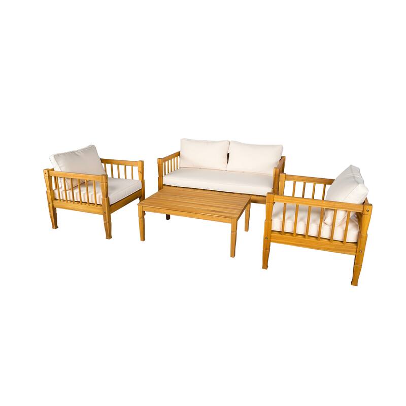 Roomfitters 4-Piece Acacia Wood Patio Furniture Set, Seating Conversation Set with 4-Inch Thick Cushions and Coffee Table
