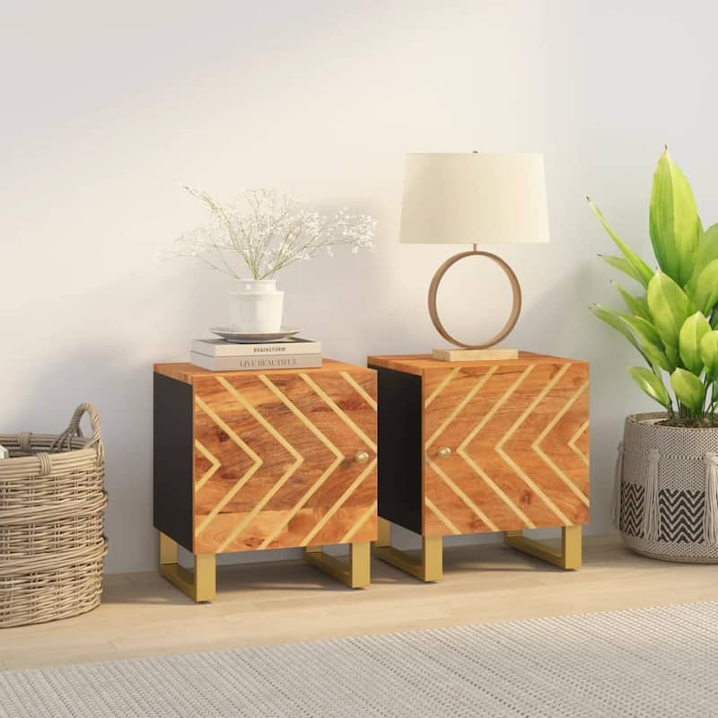 vidaXL Cabinet Nightstand End Table with Door Brown and Black Solid Wood Mango
