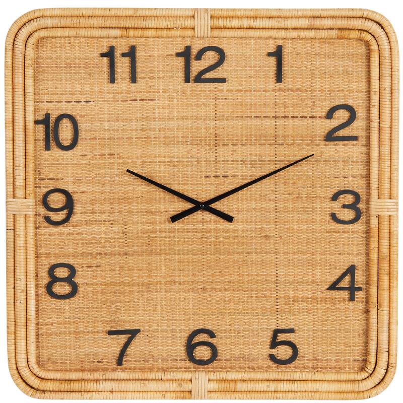 Wood Handmade Woven Wall Clock with Rattan Wrapped Frame - Brown - Roche River Decor - 2"W x 31"L x 31"H