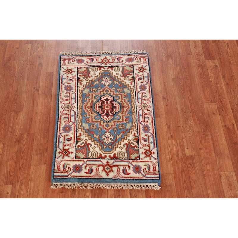 Hand Knotted Oriental 100% Wool Carpet Traditional Medallion Navy Blue & Blues Heriz (serapi) Area Rug - 3' 0'' X 2' 0''