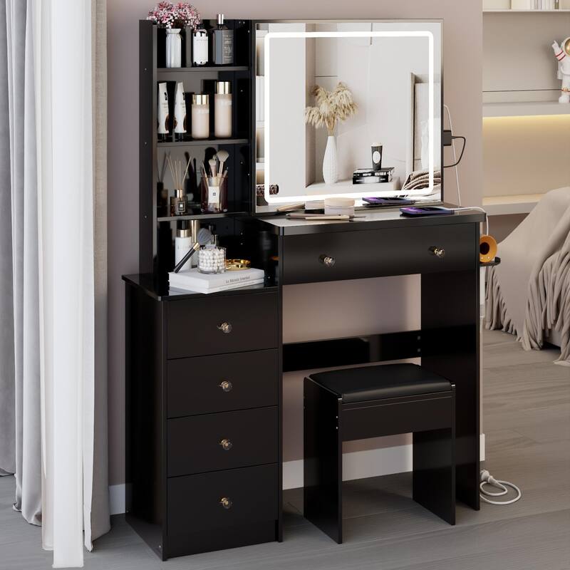 37" Middle Size Left Bedside Cabinet Vanity Table + Cushioned Stool Dresser Set, Large Touch Control LED Sliding Mirror