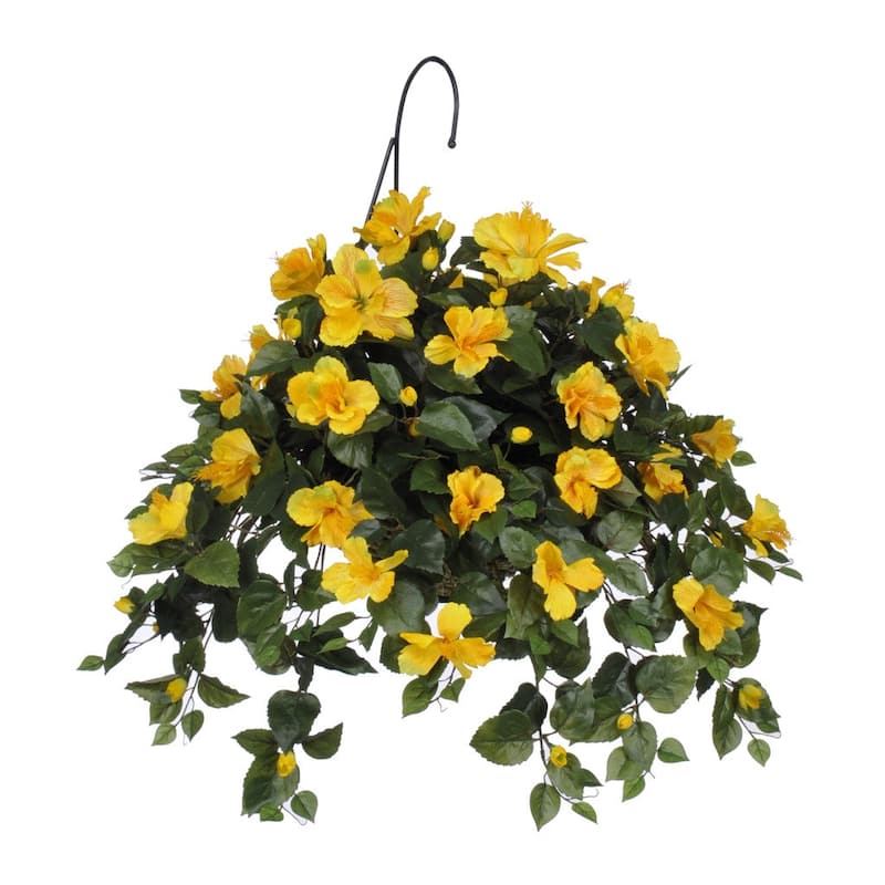 Faux Yellow Hibiscus Hanging Basket - White Water Hyacinth