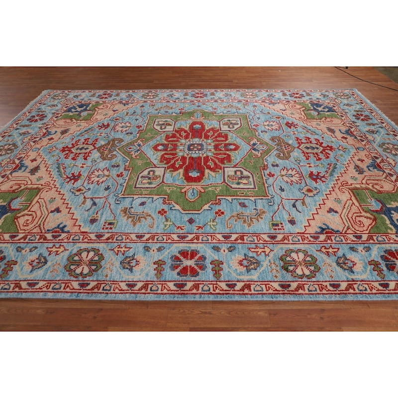 Blue Geometric Heriz Serapi Area Rug Hand-Knotted Wool Carpet - 8'10"x 11'10"