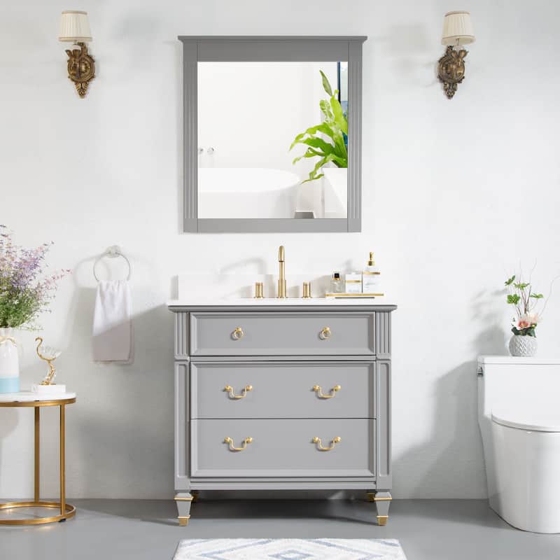 35'' H X 36'' W Solid Wood Bath Vanity with Stain-resistant Carrera White Quartz Top and Single Sink - Titanium Grey