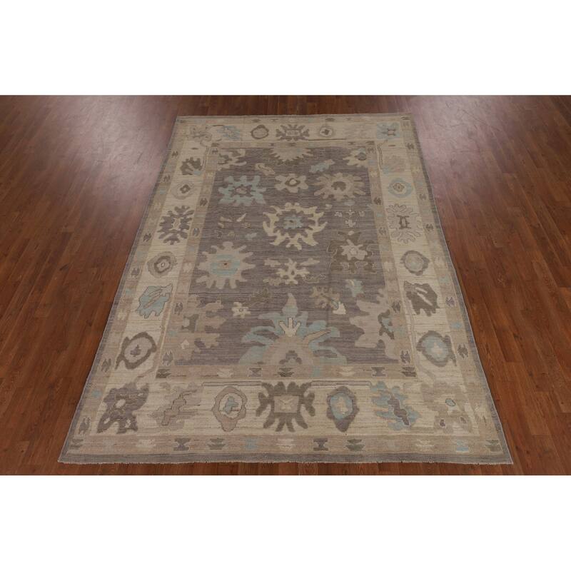 Oushak Turkish Area Rug Hand-Knotted Transitional Beige Wool Carpet - 6'2"x 8'11"