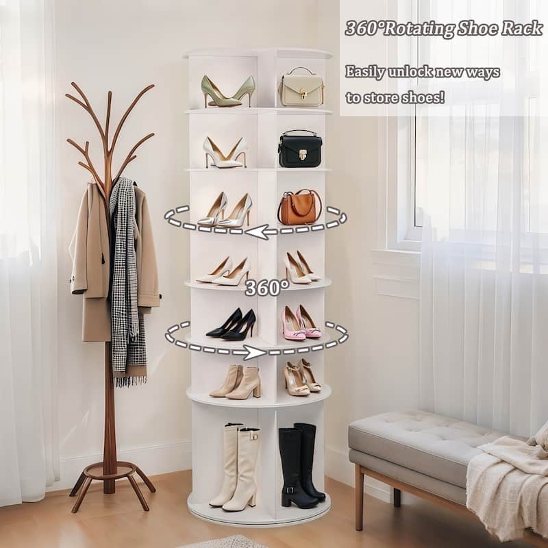 White 360 Degree Rotating Shoe Rack Tower 7 Tier Storage Organizer with Boot Compartment for 28 Pairs of Shoes