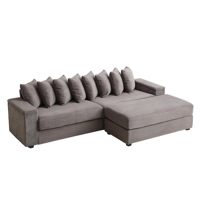 104" Corduroy L-Shaped Sectional Sofa with Ottoman Included, 8 Pillows and Armrest Storage