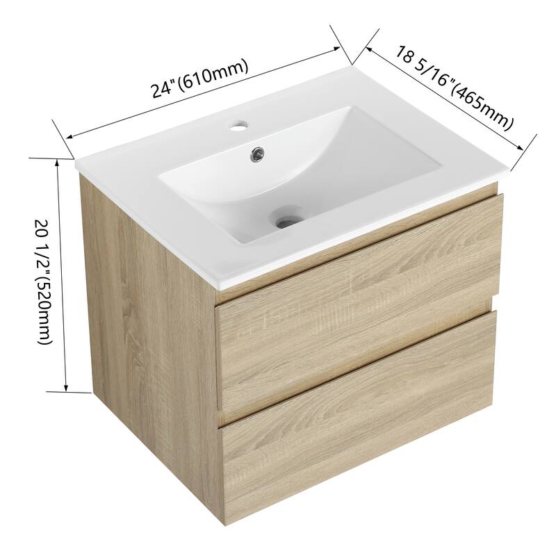 24" Floating Bathroom Vanity with Ceramic Basin, 2 Soft-Close Drawers, Eco-Friendly Plywood Construction