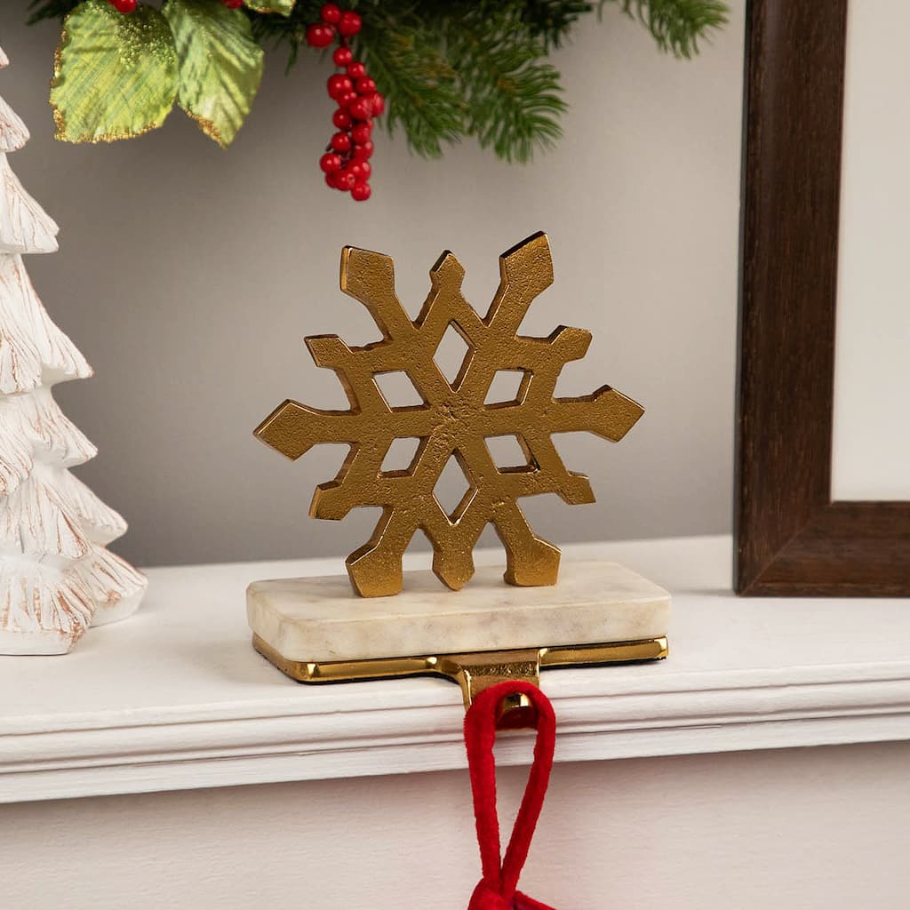 Snowflake Christmas Stocking Holder with Marble Base - 7" - Gold and White