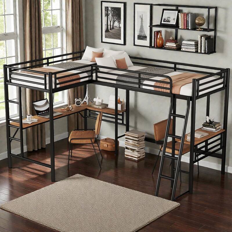 Twin Size Metal L-Shaped Loft Bed with Two Built-in Desks, Black Space-Saving Study Workstation Loft Frame - Black - Twin