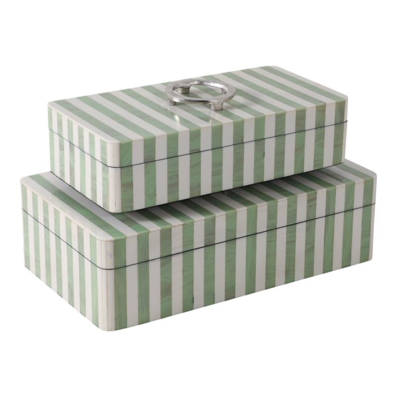 Resin Storage Boxes Striped Metallic Handles (Set of 2) - 5", 4" Green - 14" x 8" x 4.5"