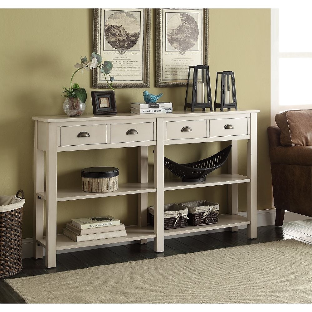 Rectangular Console Table in Cream Wooden Straight Square Leg for