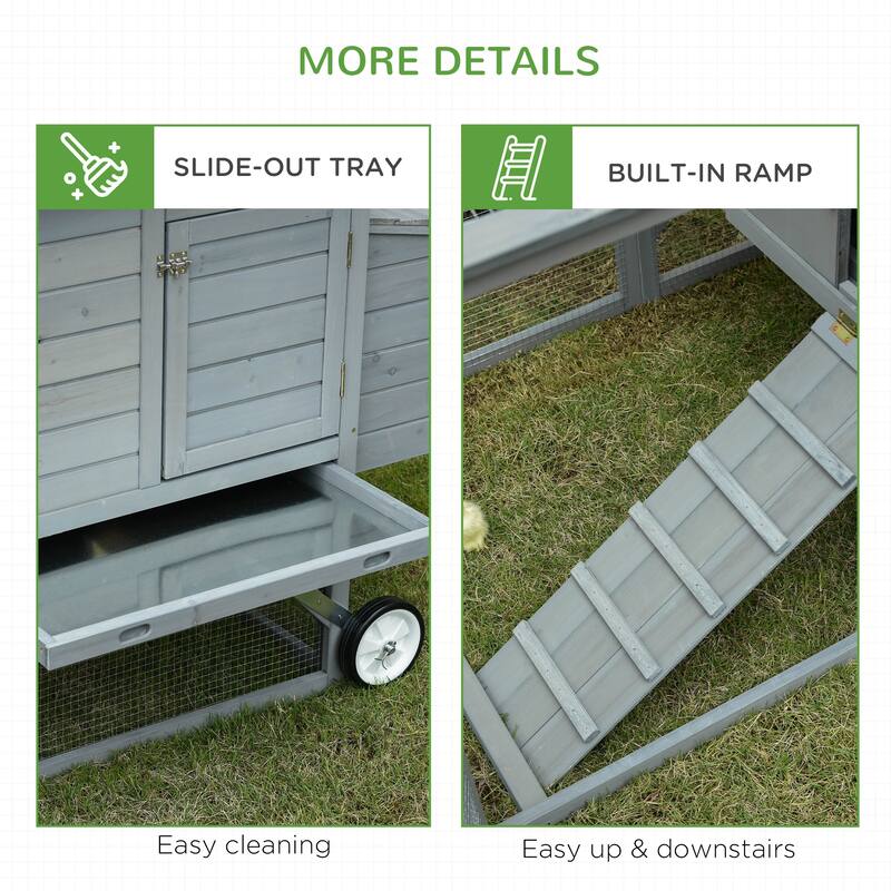 Grey Fir Wood Chicken Coop with Outdoor Run, Nesting Box and Wheels