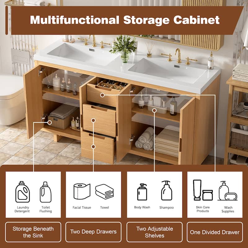 59.3" Bathroom Vanity with 4 Doors & 3 Drawers, Handle-Free Design, Soft-Close Hinges, Hidden Drawer Slides, SMC Resin Top