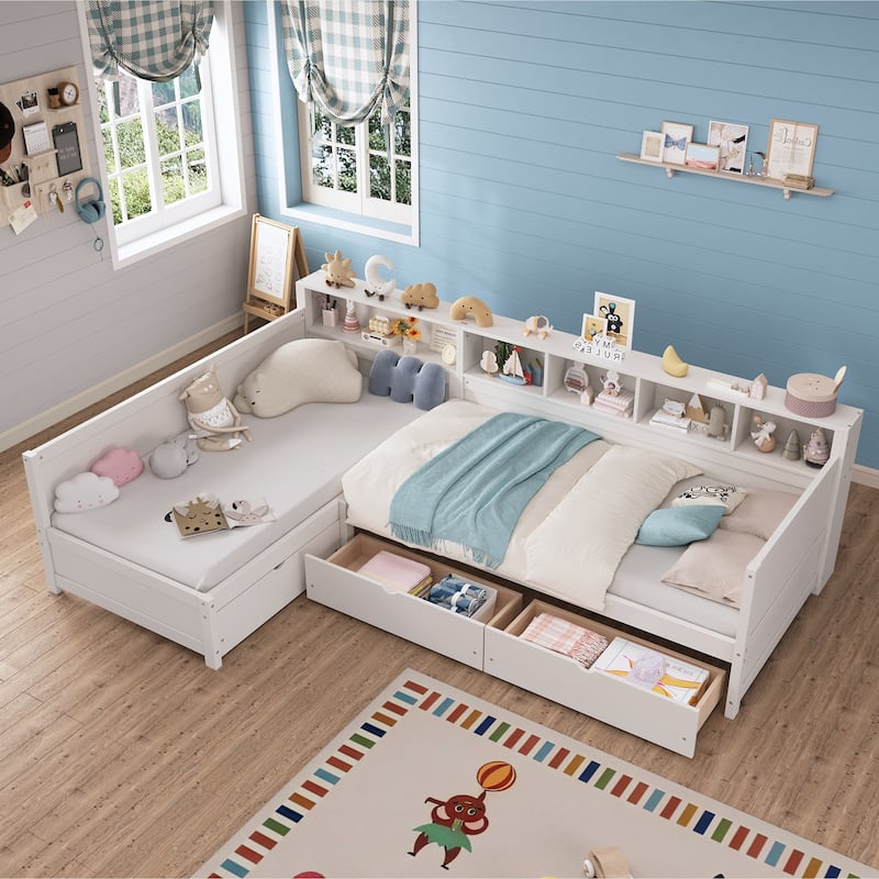 Roomfitters Twin L-Shaped Daybed for 2 with 3 Storage Drawers, Wooden Corner Bed Frame with Bookshelf for Bedroom
