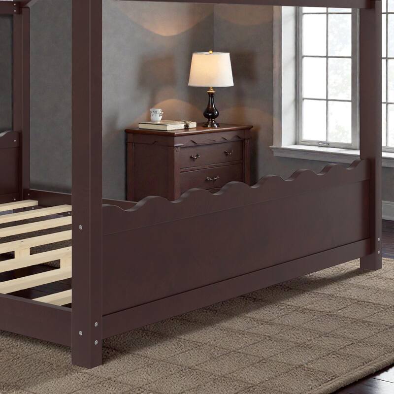 Kids Solid Wood House Floor Bed with Support Slats, Montessori Low Profile Bed, No Box Spring Needed