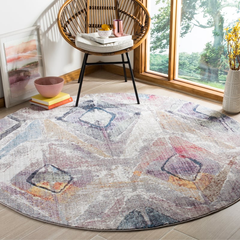 SAFAVIEH Bristol Fraukea Vintage Boho Oriental Polyester Rug - 7' Round - Lavender/Light Grey