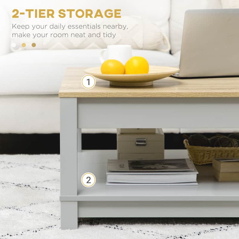 HOMCOM Coffee Table with Storage Shelf, Square Center Table with Thick Tabletop for Living Room, Natural and Gray