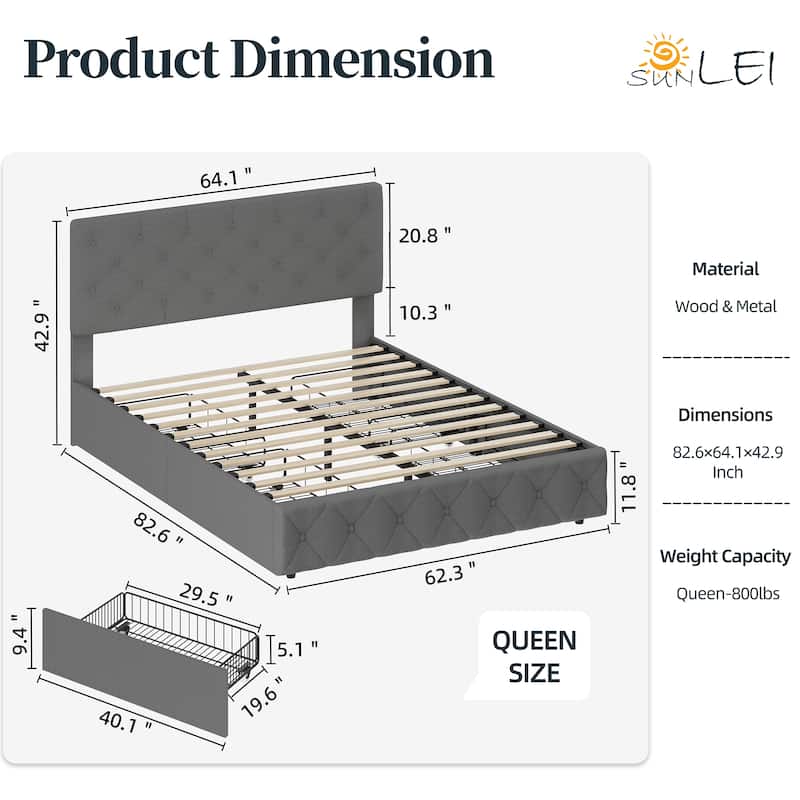 Full & Queen Size Bed Frame Built in 4 Storage Drawers & Adjustable Headboard