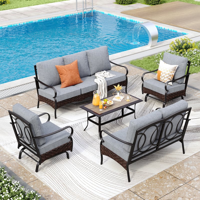 MAISON ARTS Modern Outdoor Patio Furniture Set with Waterproof Cushions - 5-Piece Wicker & Metal Conversation Set - Rocking Chair - Grey