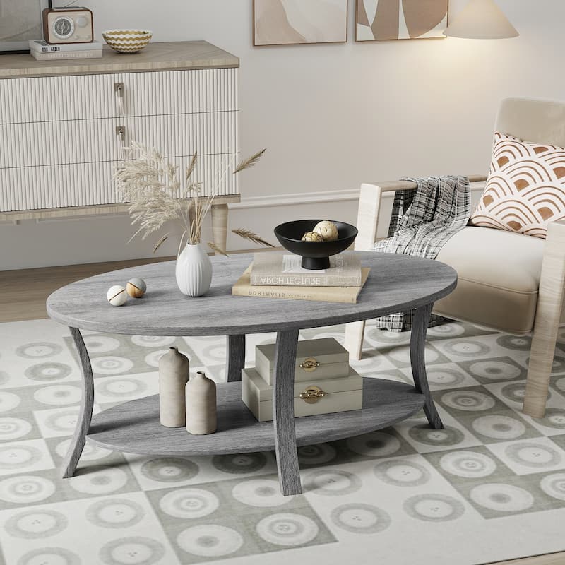 Gymax 2-Tier Oval Coffee Table w/ Storage Shelf Rubber Wood Accent Tea