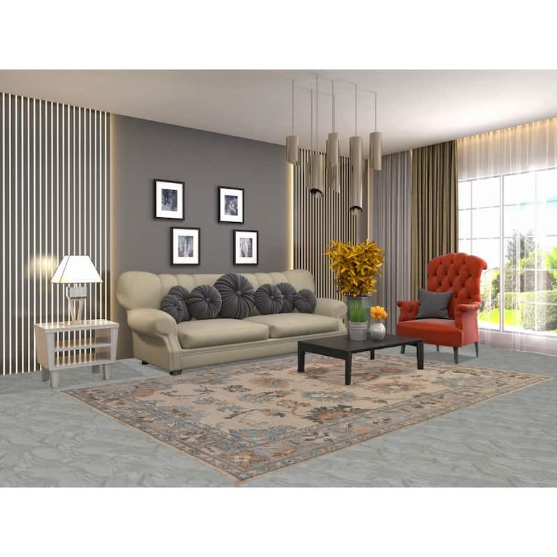 Hand Knotted Oriental 100% Wool Carpet Transitional All-Over Beige & Ivories Oushak Area Rug - 9' 0'' X 6' 1''