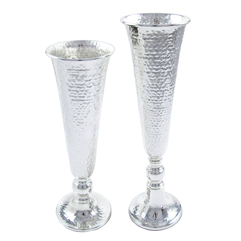 Silver Metal Hammered Trumpet Tabletop Flower Vase Centerpiece