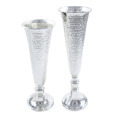 Silver Metal Hammered Trumpet Tabletop Flower Vase Centerpiece